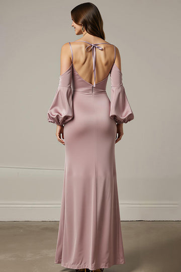Robe longue formelle en satin sirène rose clair avec manches